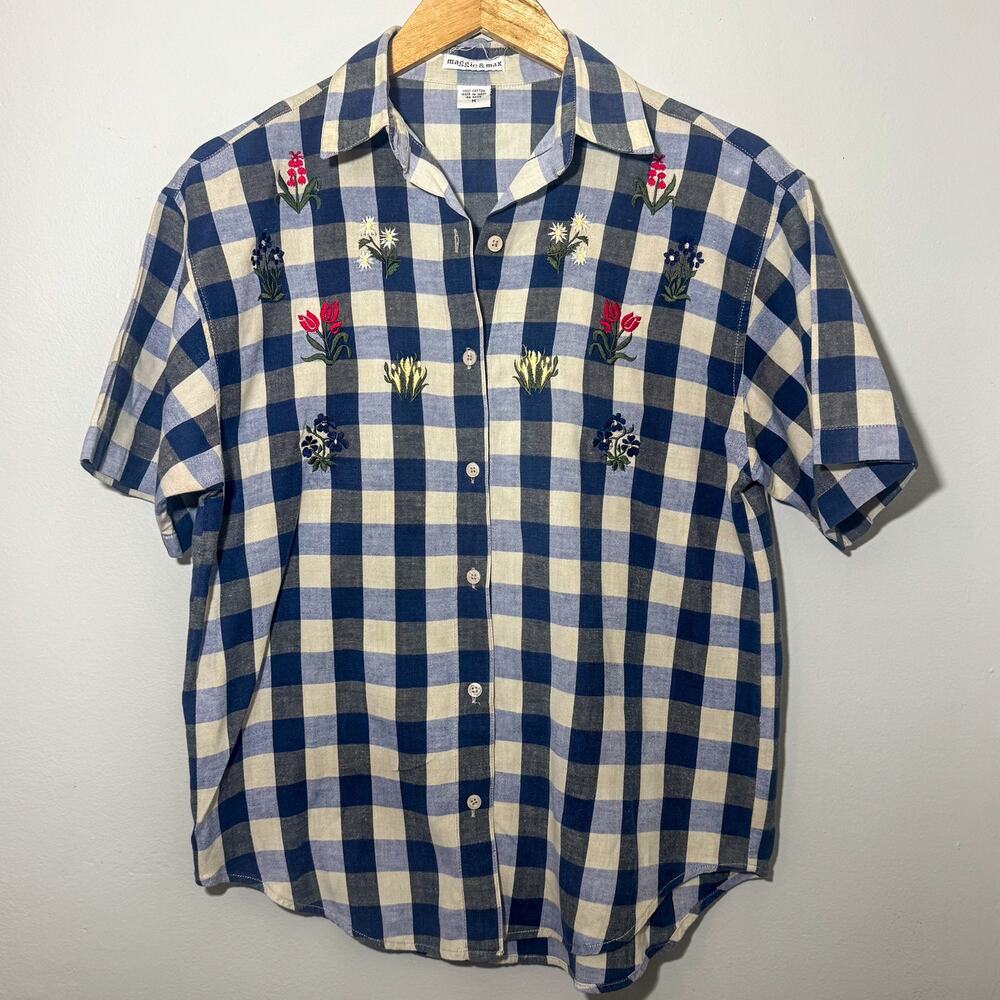Vintage Maggie & Max Embroidered Gingham Floral Button Up Shirt Medium